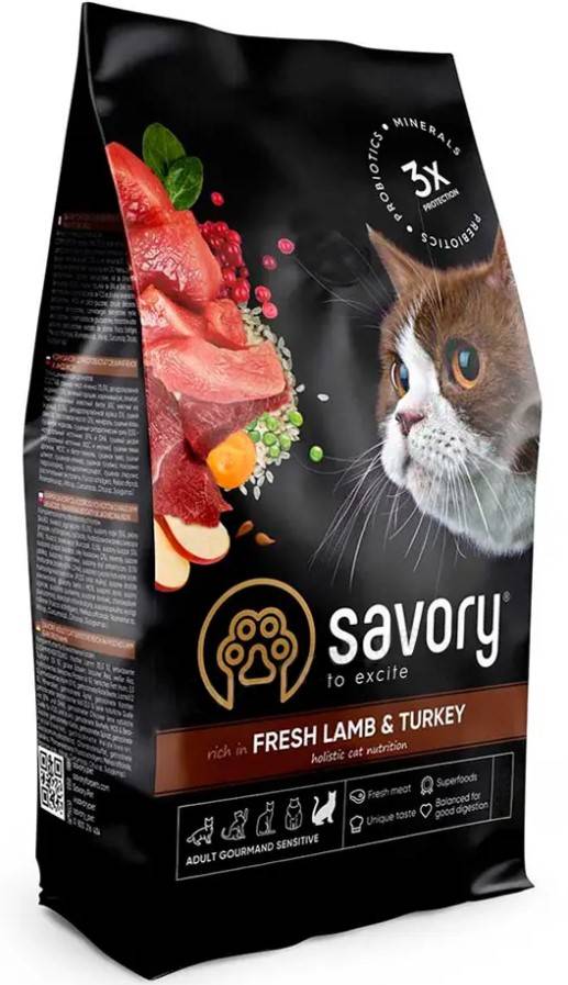 Сухий корм для котів з чутливим травленням Savory Adult Cat Sensitive Digestion Fresh Lamb & Turkey, зі свіжим м’ясом ягняти та індички, 2 кг - фото 1