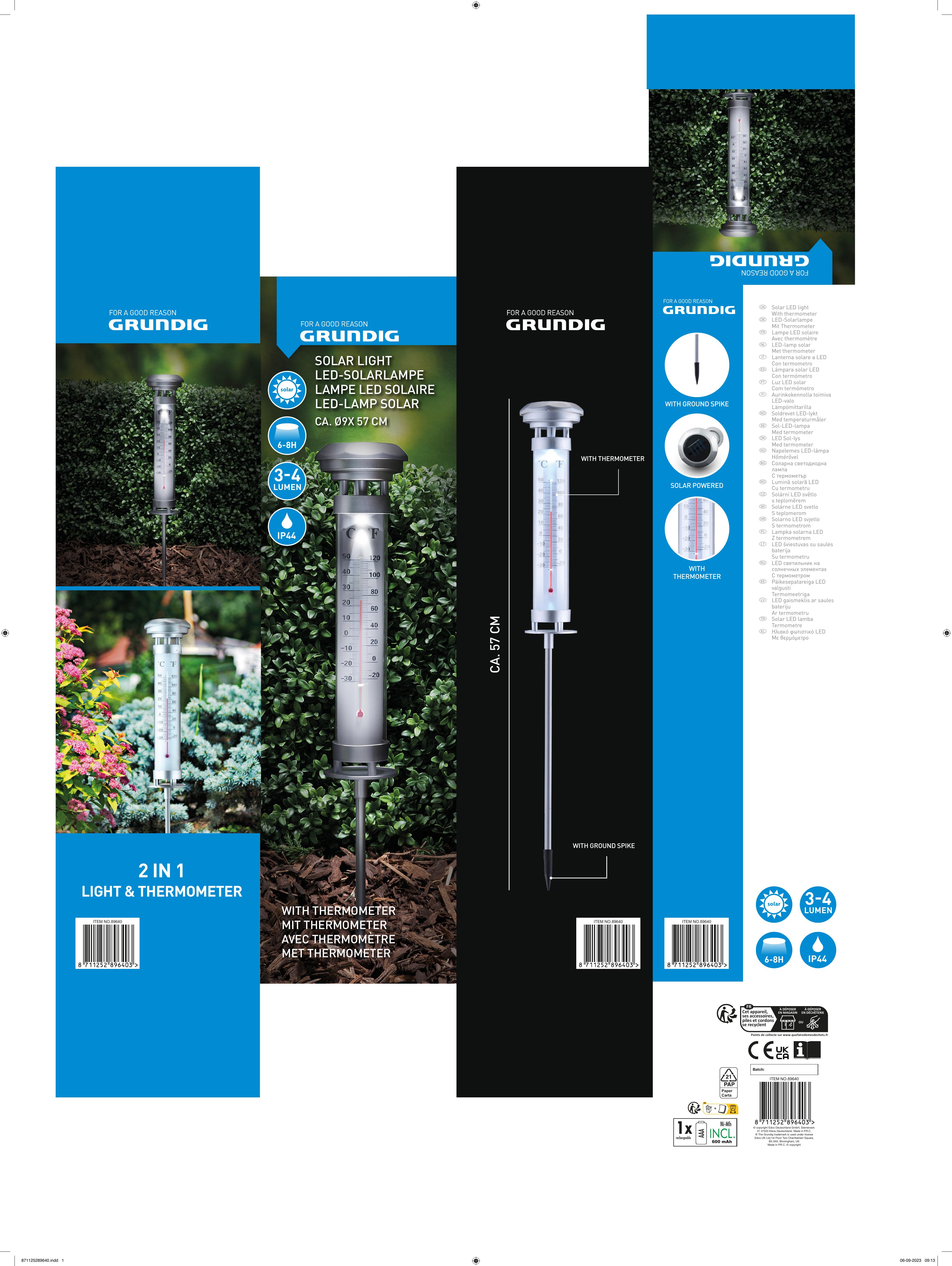 Садовый светильник с термометром 2 в 1 Grundig на солнечной батарее 9x57 см в ассортименте - фото 7