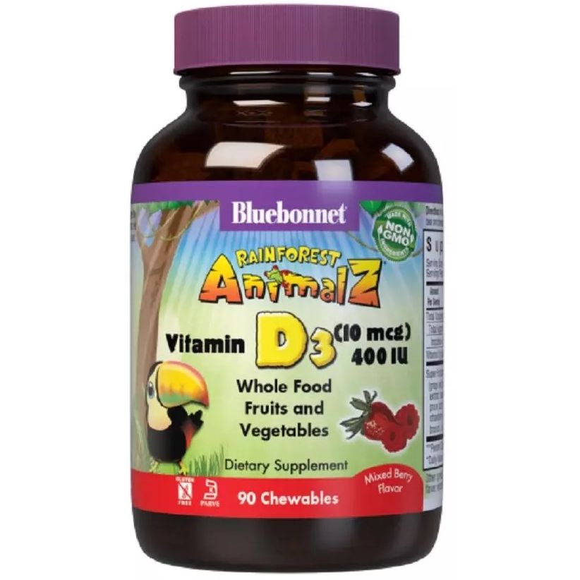 Вітамін D3 для дітей Bluebonnet Nutrition Rainforest Animalz зі смаком ягід 10 мкг 90 цукерок - фото 1