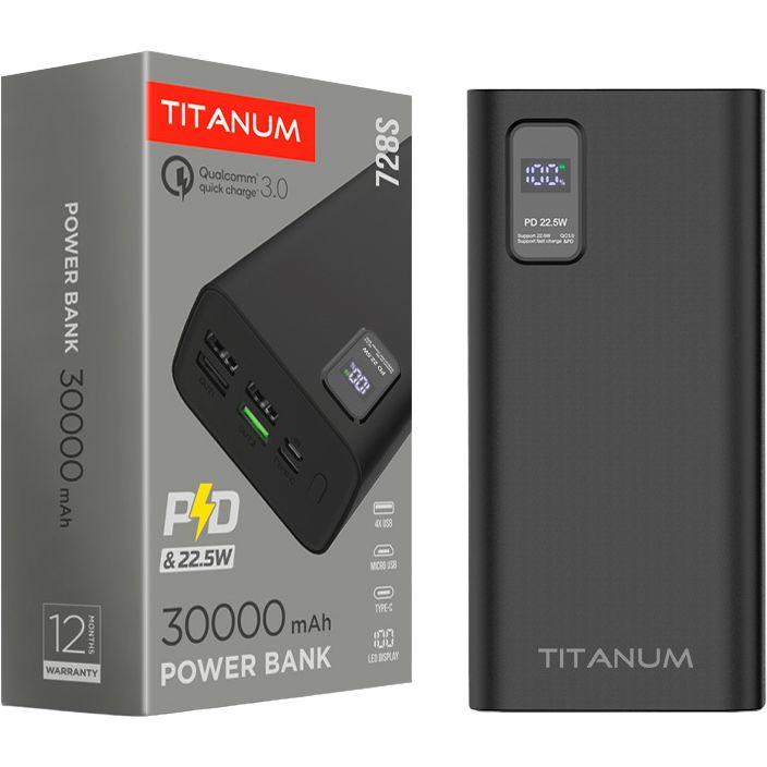 Повербанк Titanum 728S 30000 mAh 22.5W Black (TPB-728S-B) - фото 1