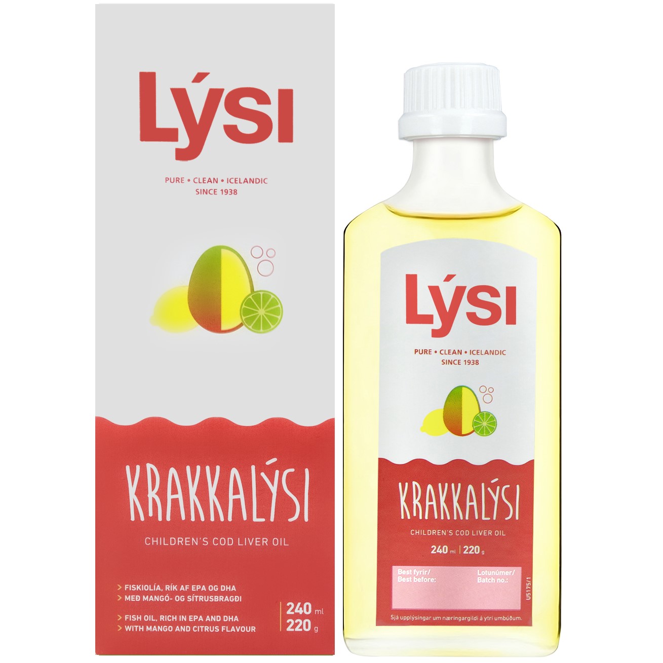 Омега-3 Lysi Kids из печени трески и тунца с витаминами A, D, E + DHA-формула со вкусом лимона и манго 240 мл - фото 1