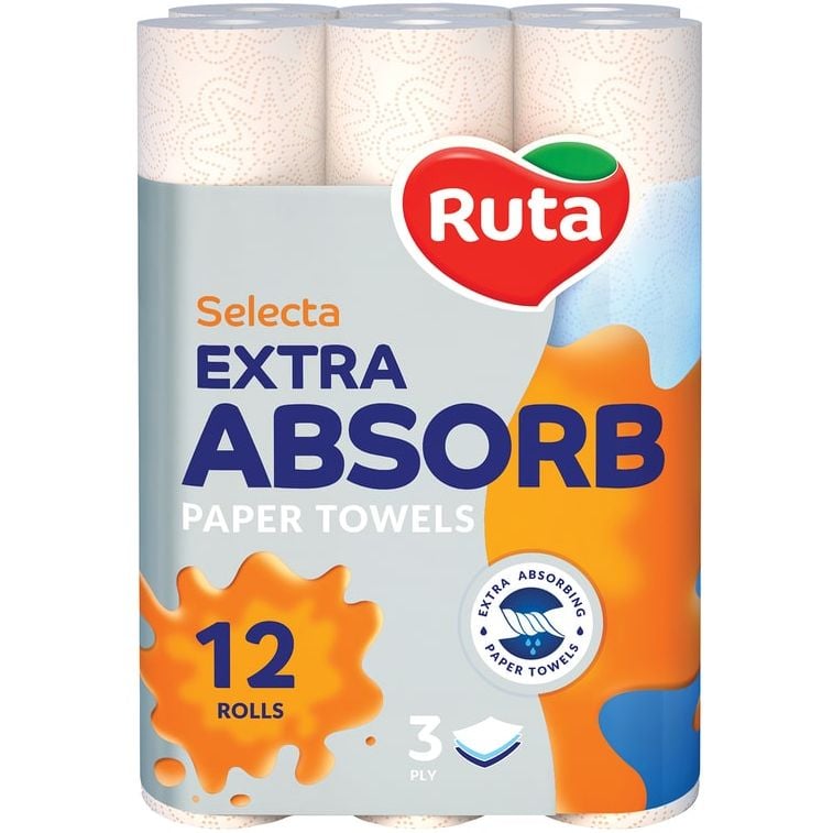 Паперові рушники Ruta Selecta Extra Absorb, тришарові, 12 рулонів - фото 1