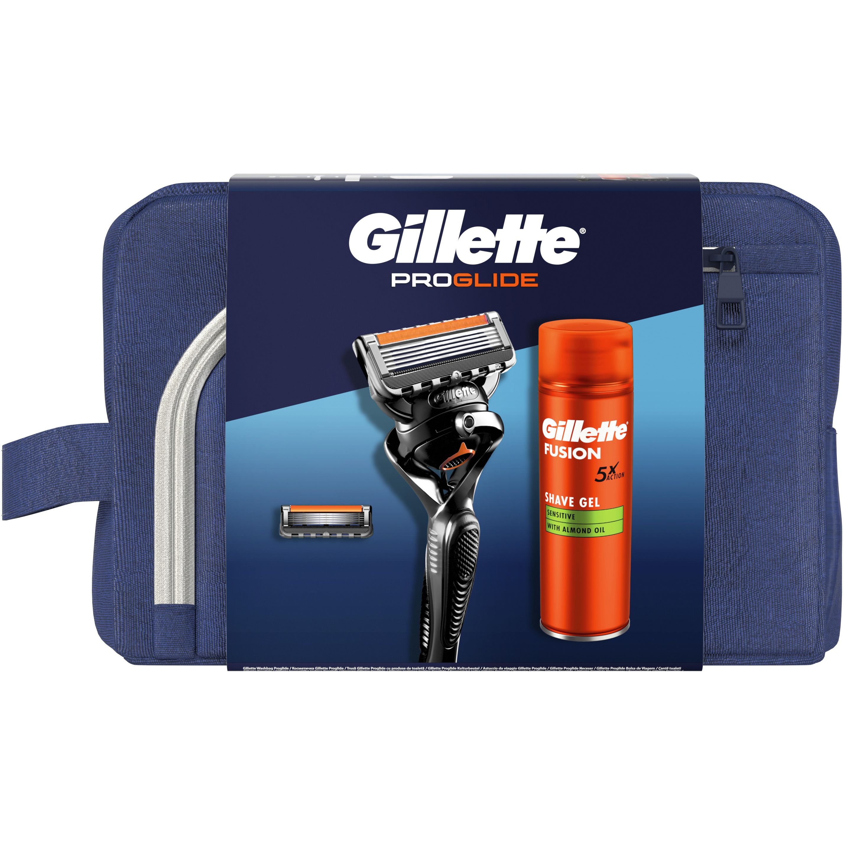 Подарунковий набір для чоловіків Gillette Fusion5 ProGlide: бритва + змінні катріджі для гоління 2 шт. + гель для гоління 200 мл + косметичка - фото 2