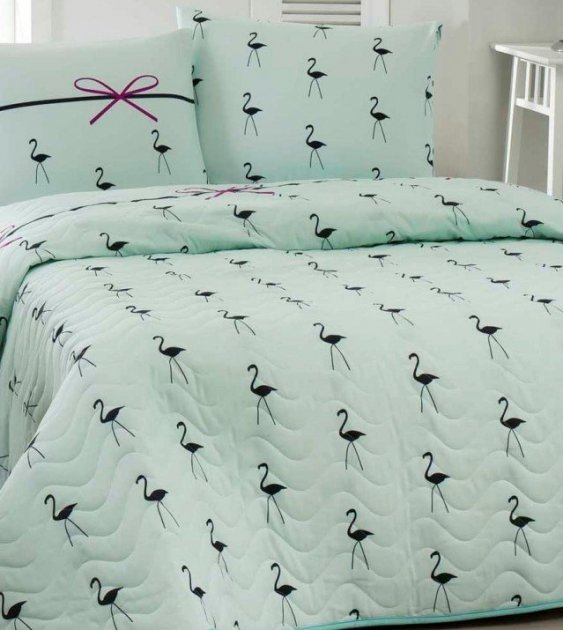 Покрывало стеганное с наволочкой Eponj Home Flamingo Mint, 220х160 см, ментоловый (svt-2000022275330) - фото 1