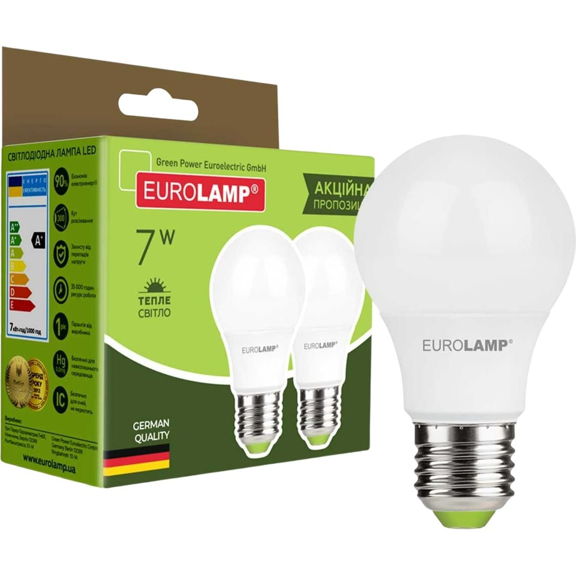 Світлодіодна лампа Eurolamp LED, A60, 7W, E27, 3000K, 2 шт. (MLP-LED-A60-07272(E)) - фото 1