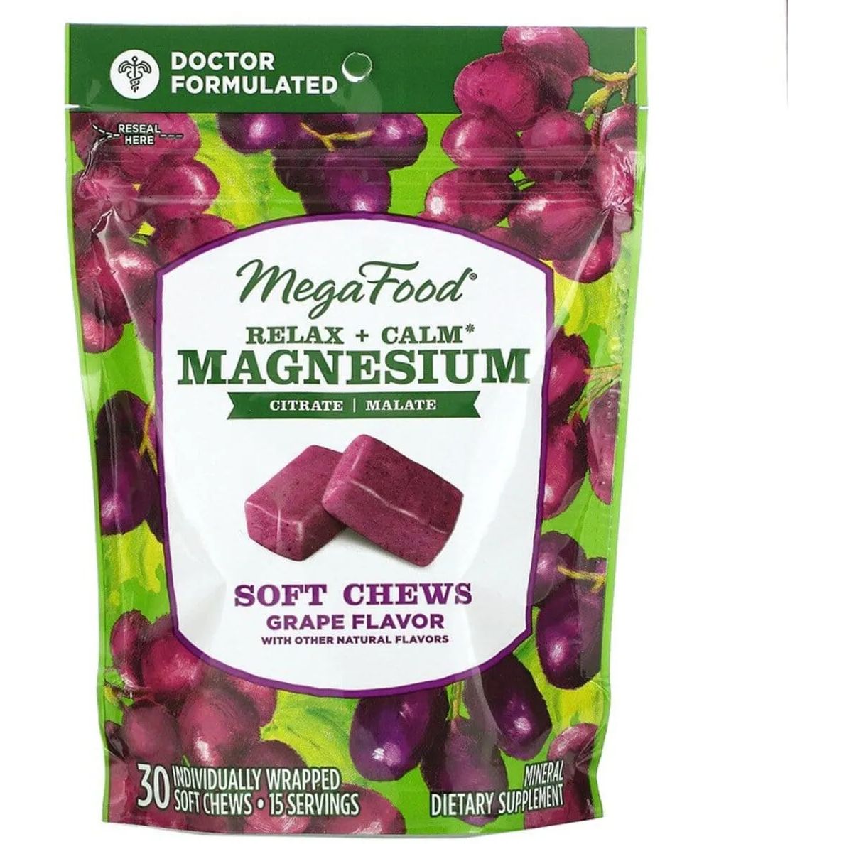 Успокаивающий магний MegaFood Relax+Calm Magnesium Soft Chews Grape 30 жевательных конфет - фото 1