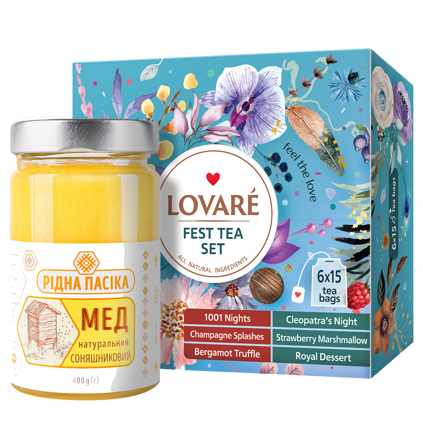 Набір: Чай асорті Lovare Fest Tea Set 180 г (90 шт. x 2 г) + Мед соняшниковий Рідна пасіка натуральний 400 г - фото 1