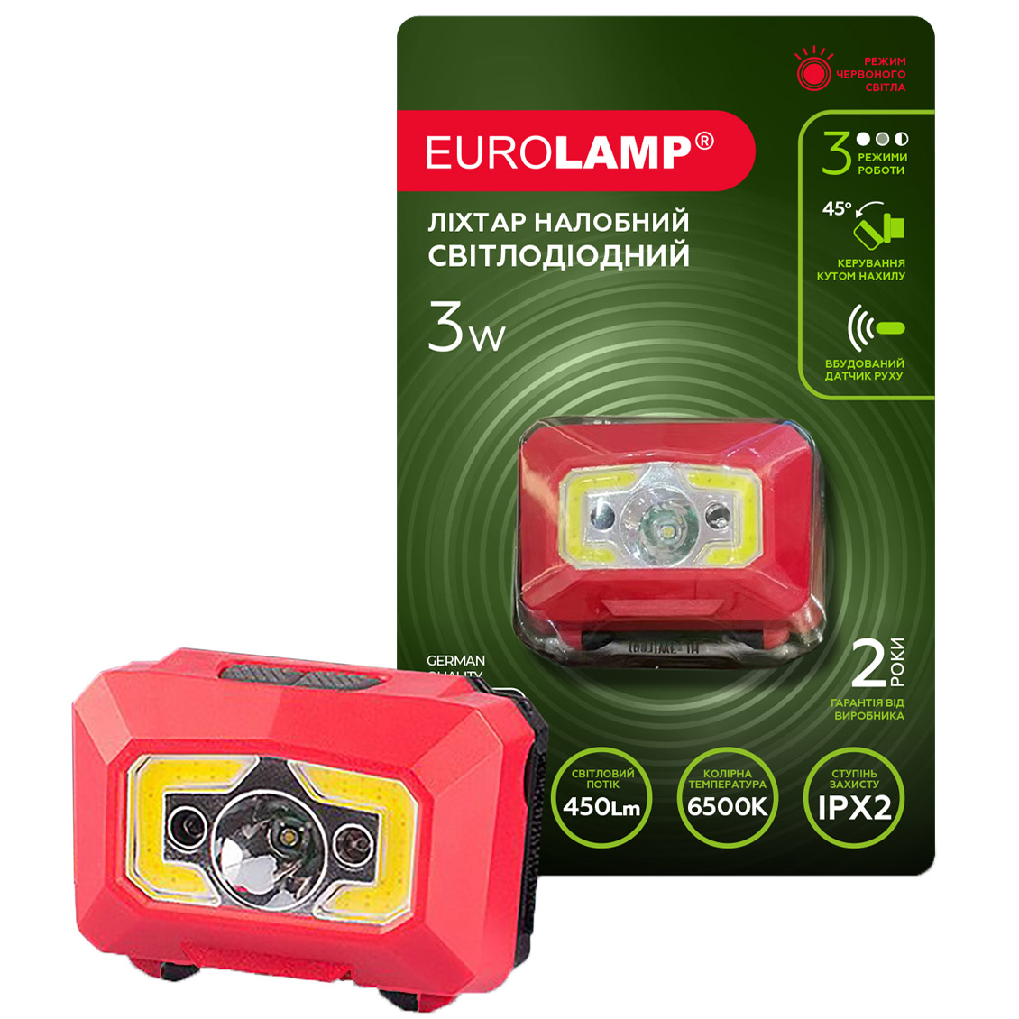 Светодиодный фонарик Eurolamp налобный, 3W, COB, Red Light, 3хААА, 6500K, красный (HL-3W(red)) - фото 1