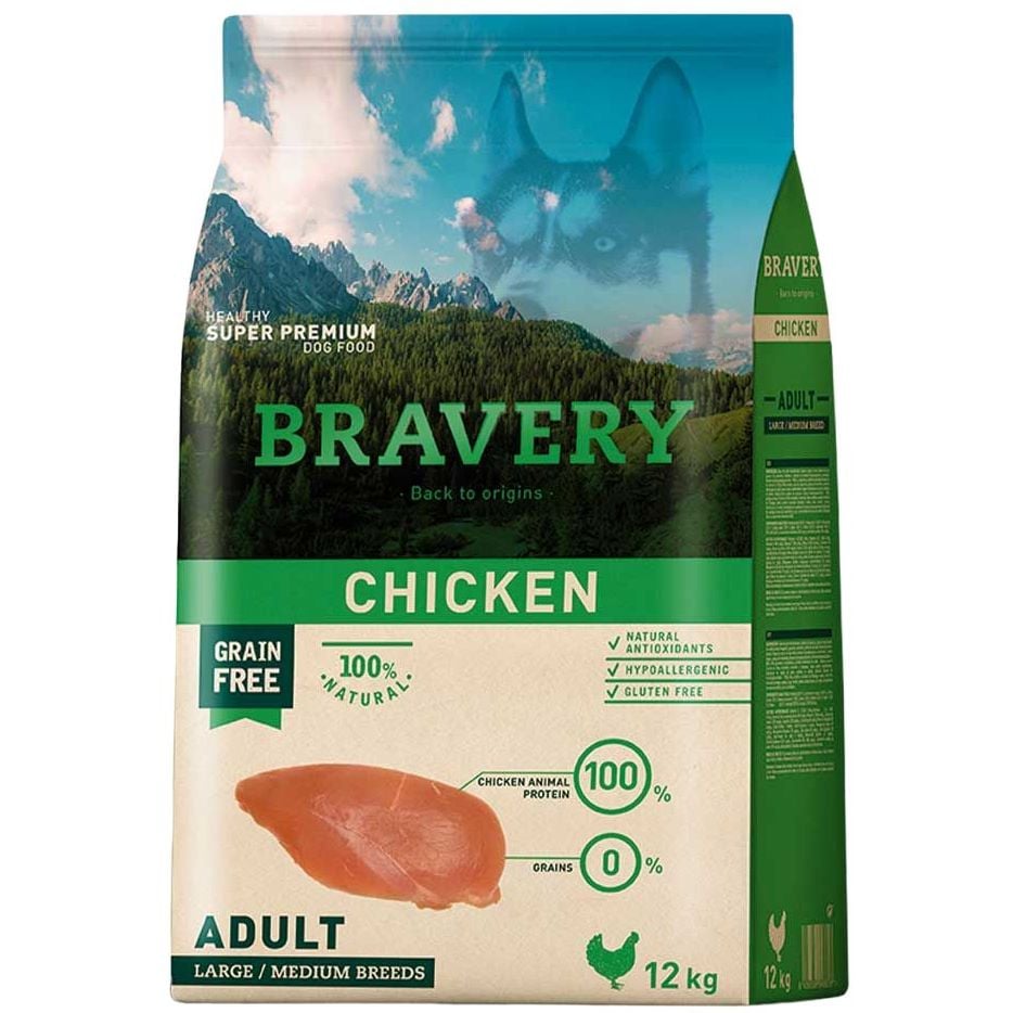 Сухой корм для взрослых собак средних и больших пород Bravery Chicken Adult Large Medium, с курицей, 12 кг - фото 1