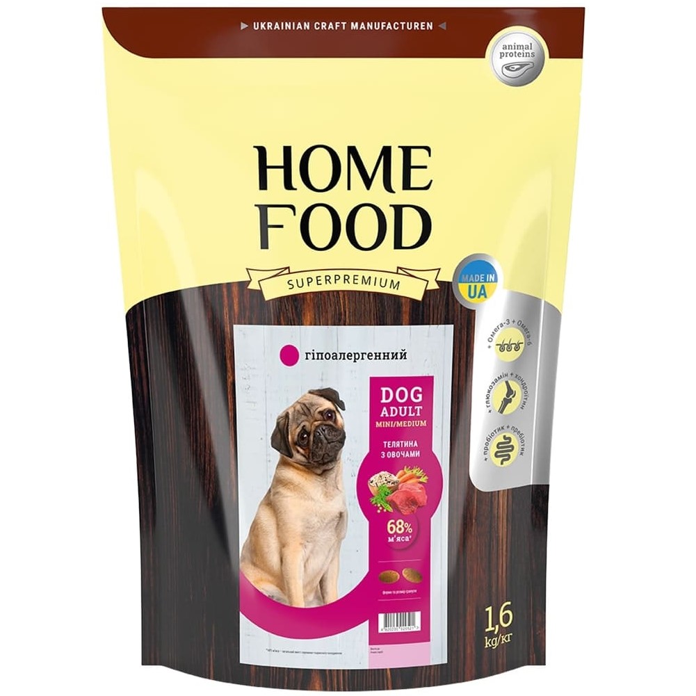 Гипоаллергенный сухой корм для взрослых собак малых и средних пород Home Food Adult Mini/Medium Телятина с овощами 1.6 кг - фото 1