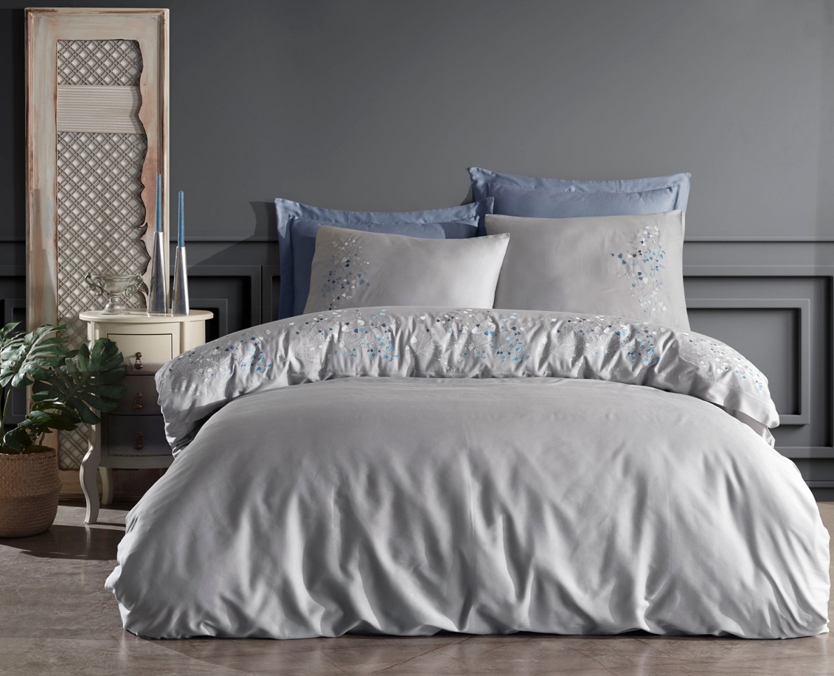 Комплект постельного белья Dantela Vita Alya gri сатин с вышивкой семейный серый (svt-2000022323598) - фото 1