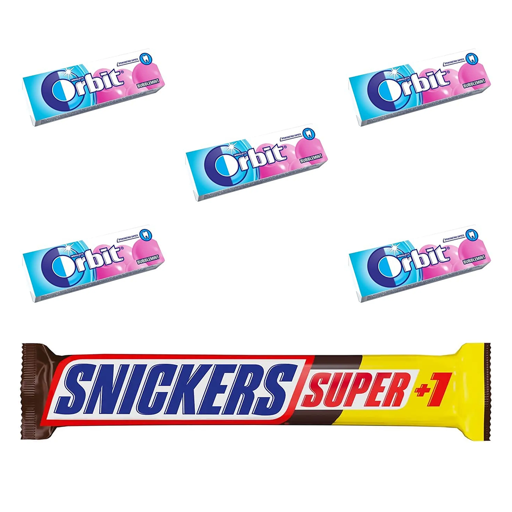 Набор: батончик Snickers Super+1 с арахисом 112 г + резинка жевательная Orbit Bubblemint 14 г 5 шт. - фото 1
