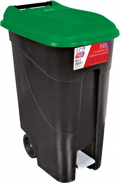 Бак-контейнер для сміття на колесах Tayg Eco, 80 л, з педаллю, з кришкою та ручкою, чорний із зеленим (433030) - фото 1