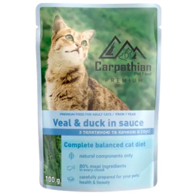 Влажный корм для кошек Carpathian Pet Food Телятина с уткой в соусе, 100 г - фото 1