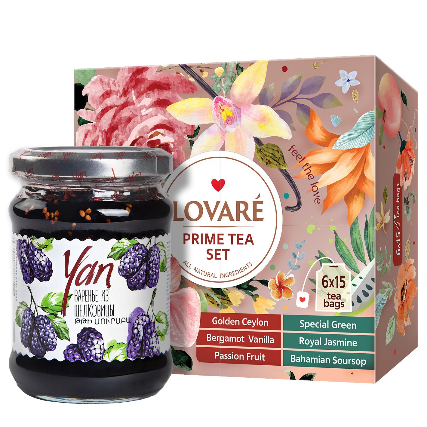 Набір: Чай асорті Lovare Prime Tea Set 180 г (90 шт. x 2 г) + Варення Yan з шовковиці 300 г - фото 1