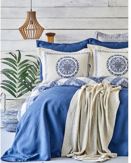 Набор постельное белье с покрывалом и пледом Karaca Home Levni mavi 2020-1, евро, синий, 8 предметов (svt-2000022238762) - фото 1