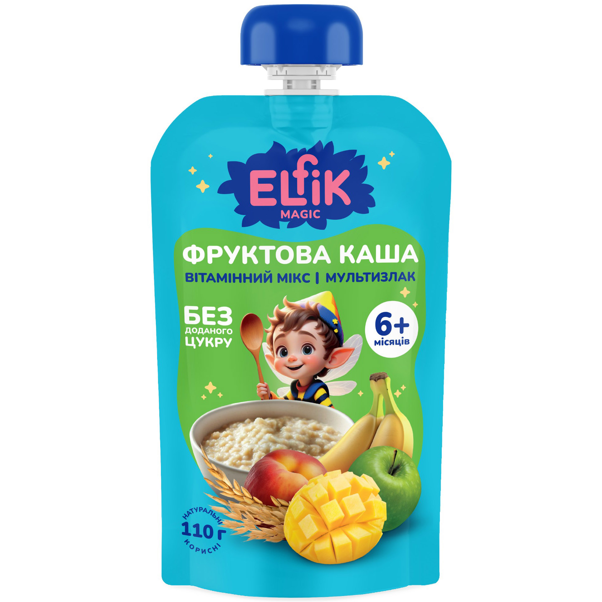 Фруктова каша Elfik Magic Вітамінний мікс з яблук, мультизлакової каші, персиків, бананів та манго 110 г - фото 1