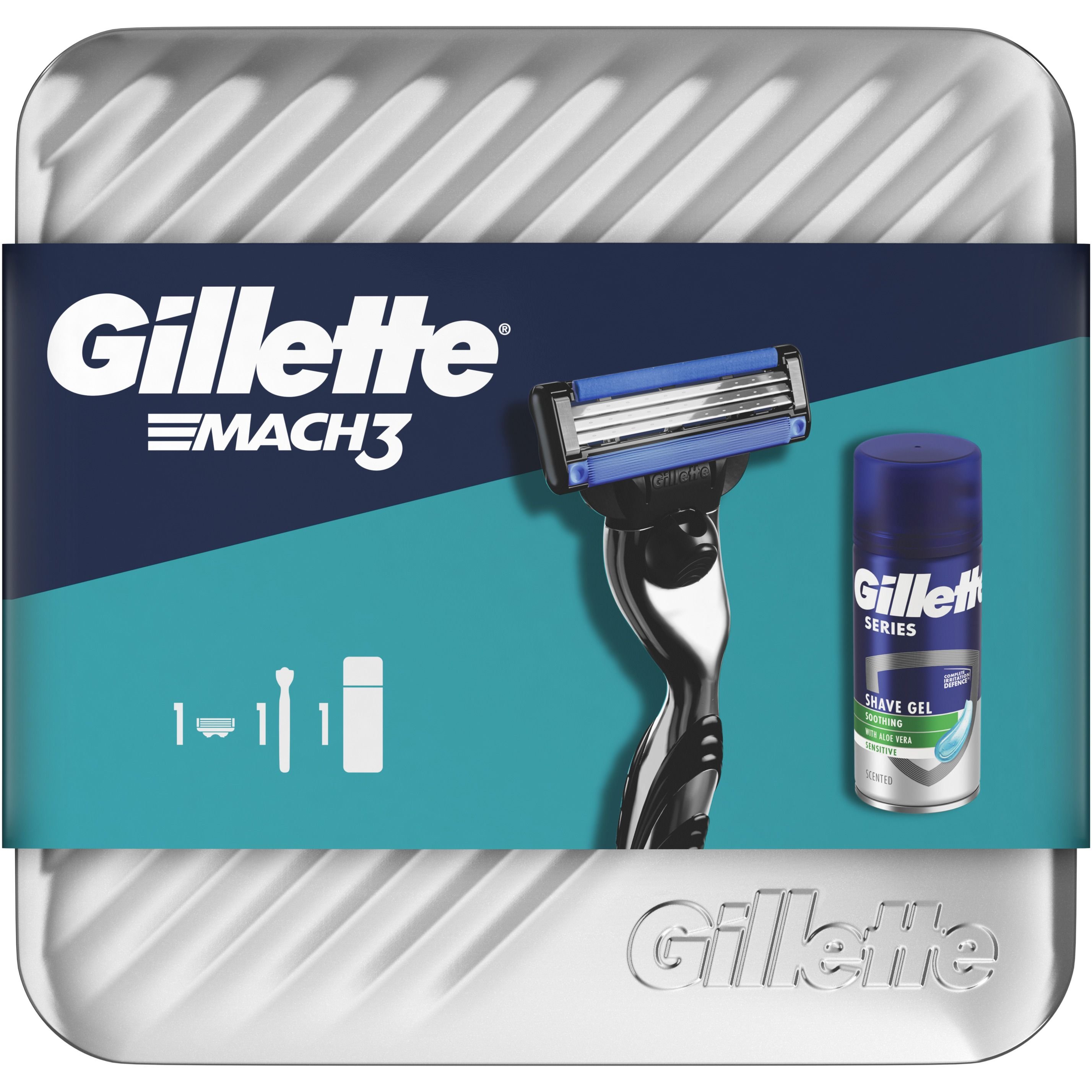 Подарунковий набір для чоловіків Gillette: бритва Mach3 зі змінним катриджем + гель для гоління Series Sensitive 75 мл - фото 2