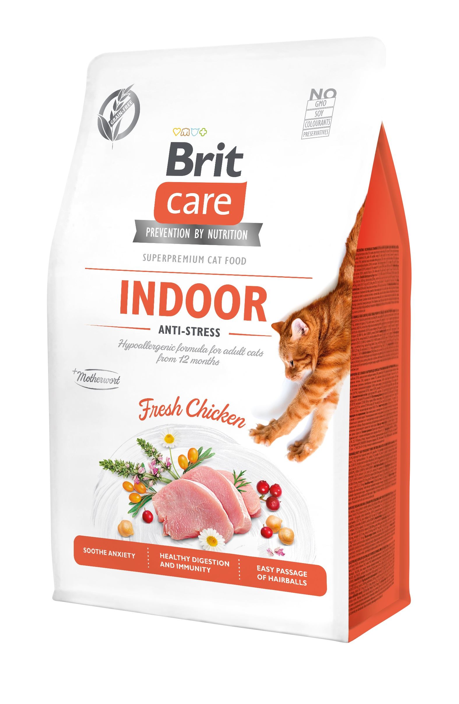 Беззерновой сухой корм для для кошек живущих в помещении Brit Care Cat GF Indoor Anti-stress, с курицей, 0,4 кг - фото 1