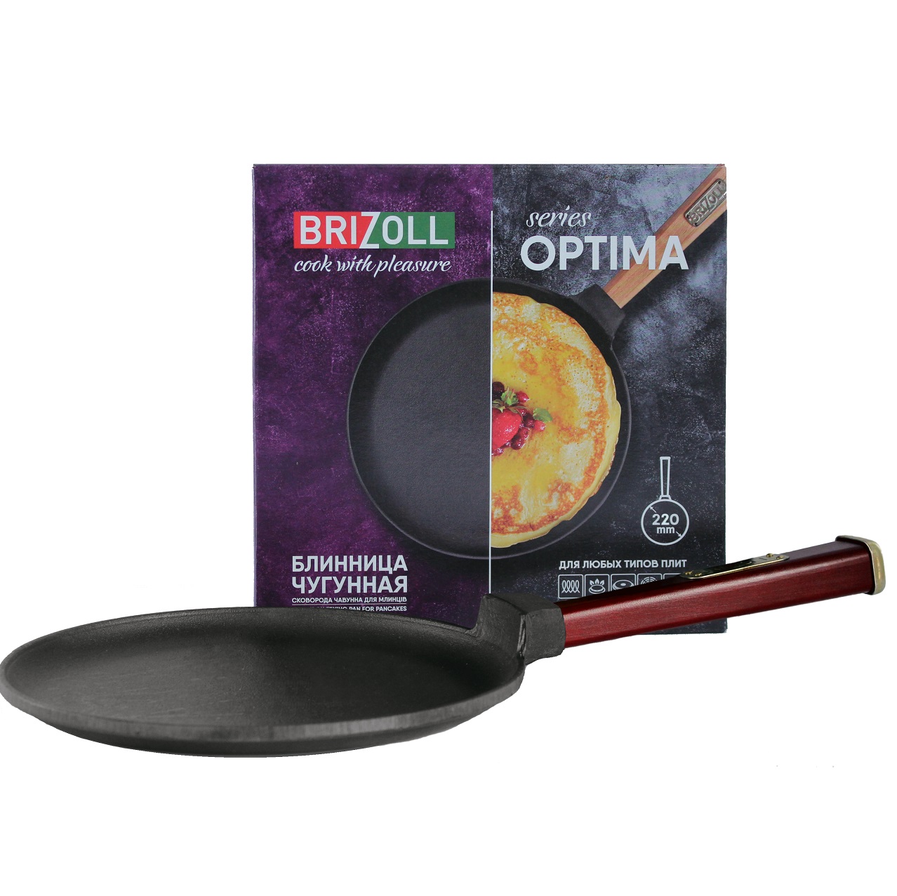 Блинница Brizoll Optima-Bordo чугунная, с ручкой, 24х1,5 см (O2415-P2) - фото 1