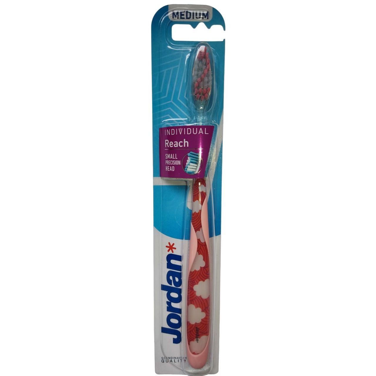 Дизайнерська зубна щітка Jordan Individual Reach середньої жорсткості рожева з дизайном хмарок - фото 1