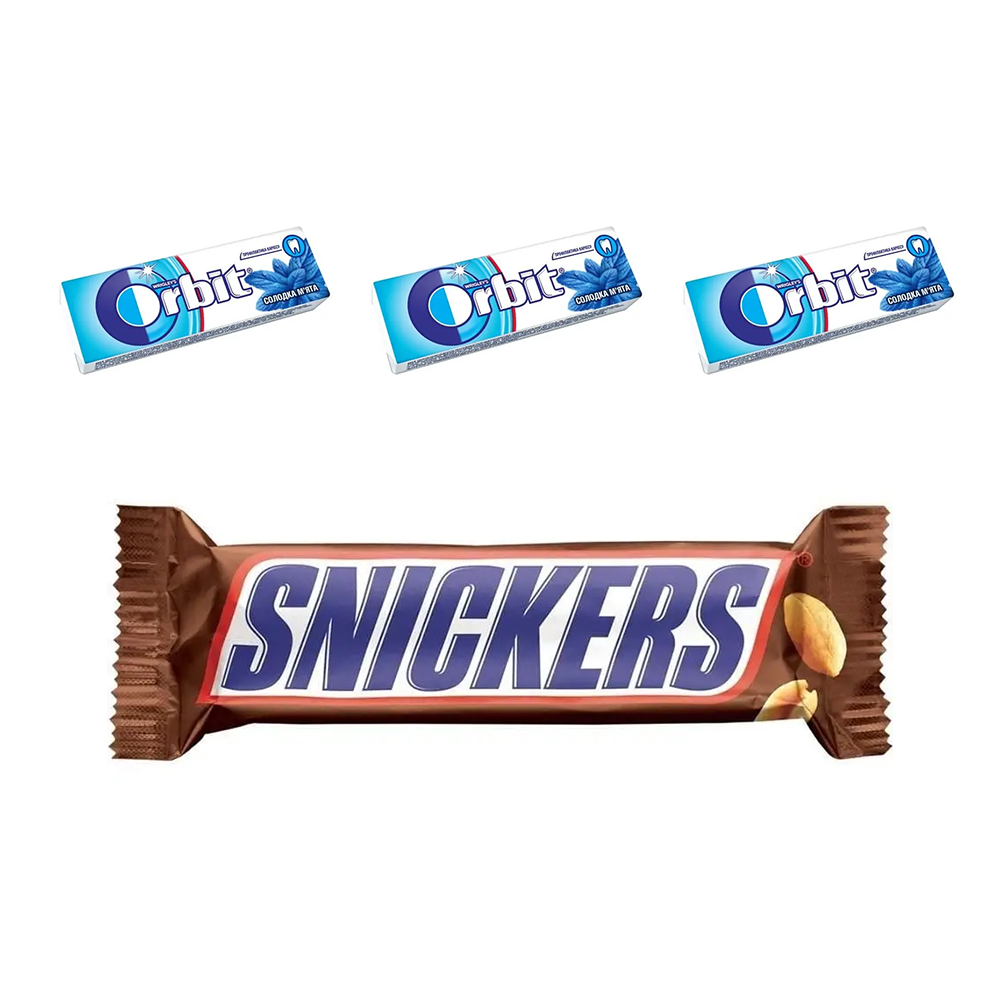 Набір: батончик Snickers з арахісом 50 г + гумка жувальна Orbit Sweet Mint драже 14 г 3 шт. - фото 1