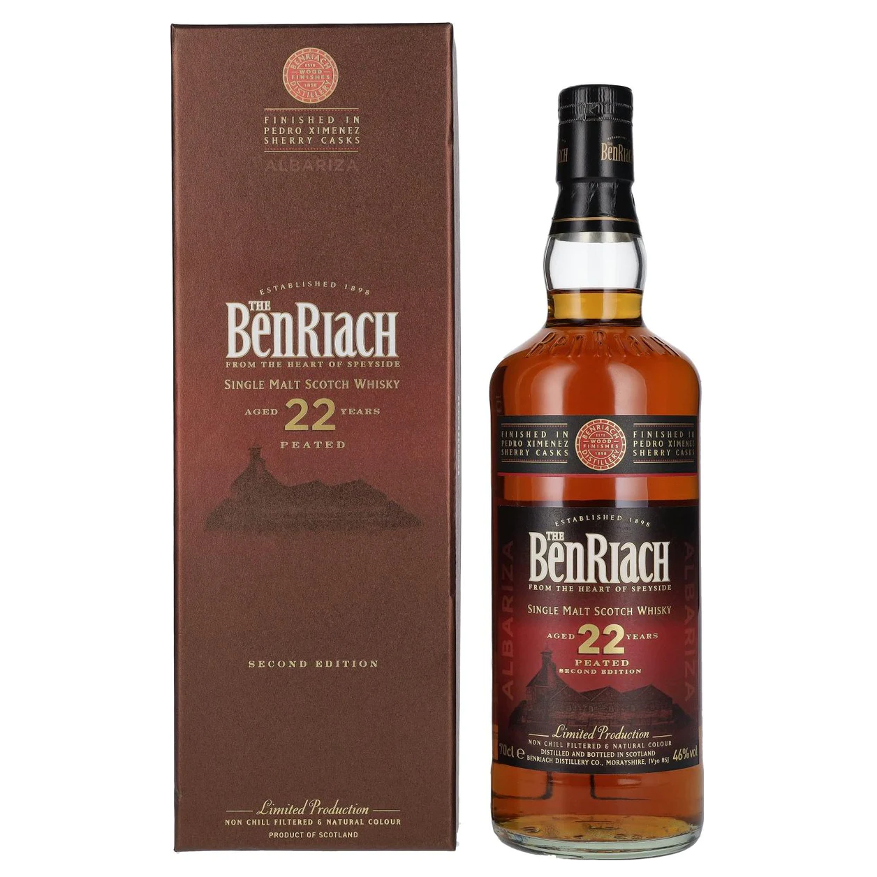 Виски BenRiach Peated PX Albariza Single Malt Scotch Whisky 22 года, в подарочной упаковке, 46%, 0,7 л - фото 1