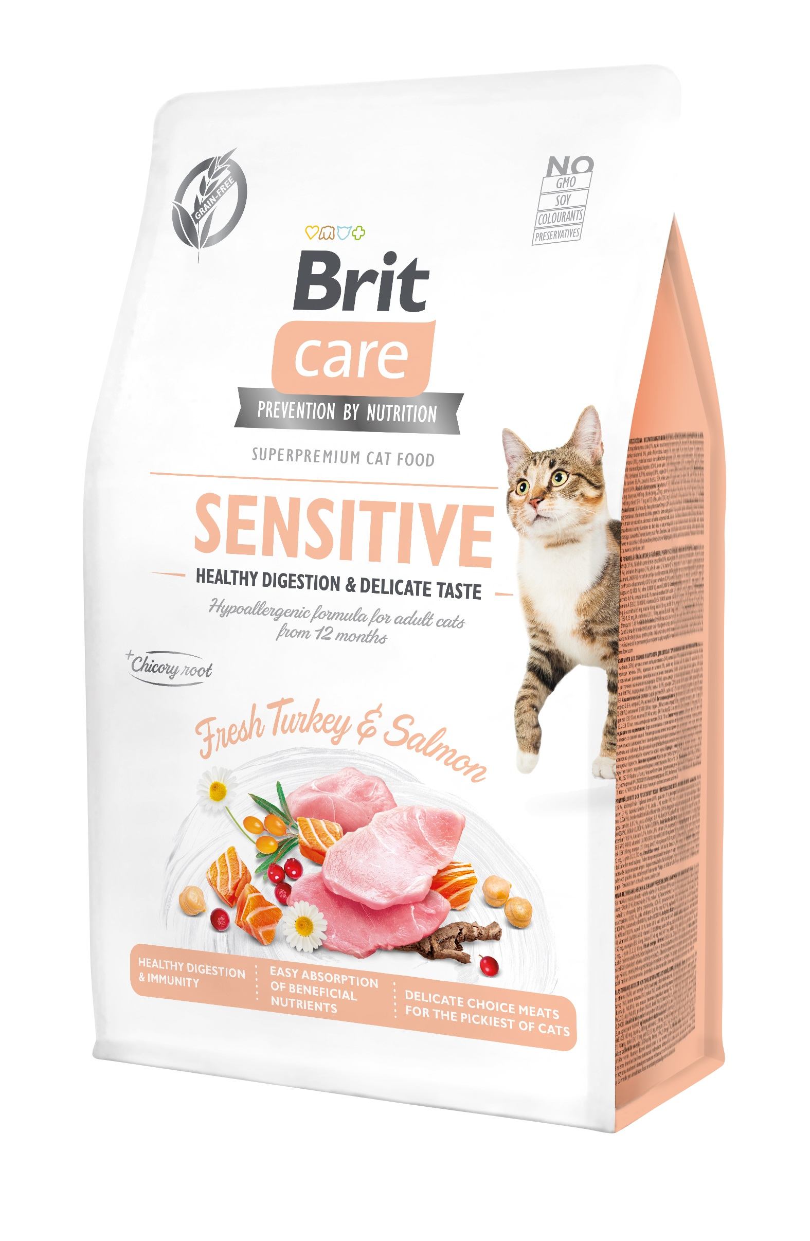 Беззерновой сухой корм для кошек с чувствительным пищеварением Brit Care Cat GF Sensitive Digestion&Delicate Taste, со свежей индейкой и лососем, 0,4 кг - фото 1