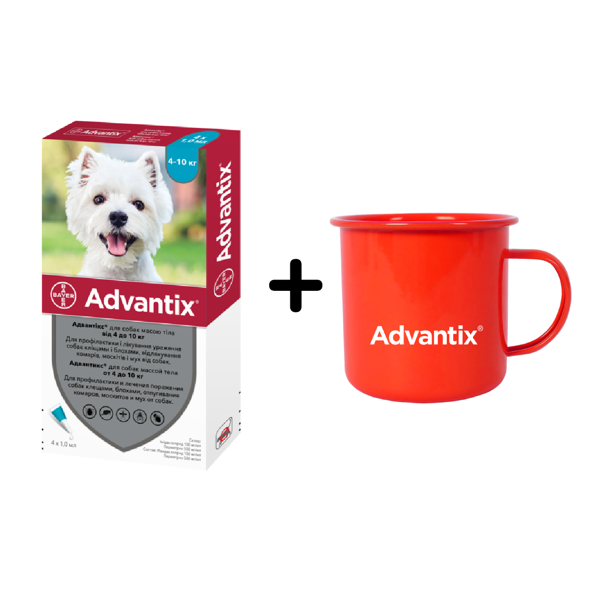 Краплі Bayer Адвантікс від бліх і кліщів, для собак від 4 до 10 кг, 4 піпетки + Чашка Advantix, червоний - фото 1