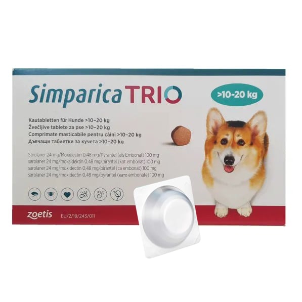 Таблетки Симпарика Трио, для собак, от блох и клещей, 10,1-20 кг - 1 шт. (10024337-1) - фото 1