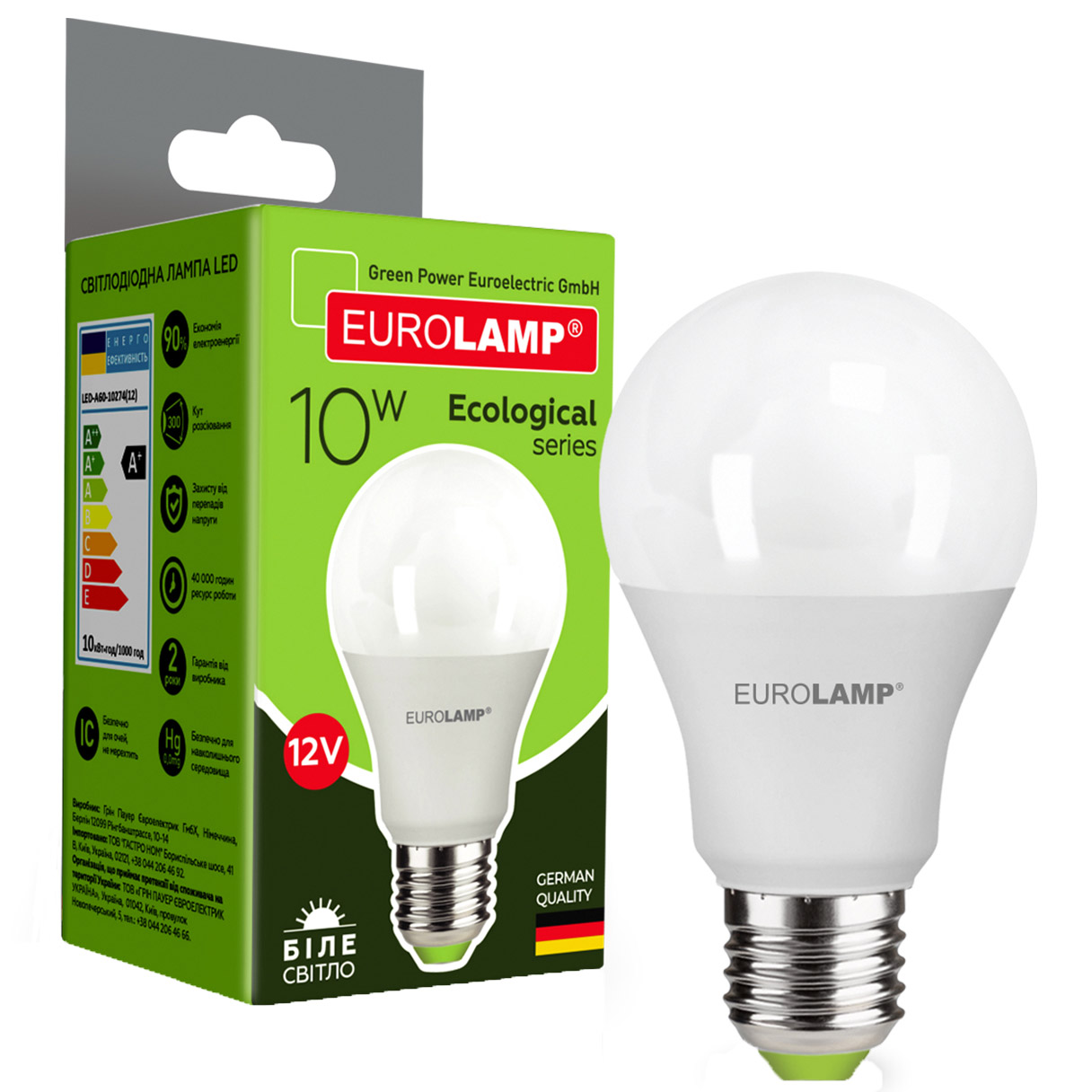 Светодиодная лампа Eurolamp LED Ecological Series низковольтная, A60, 10W, E27, 4000K, 12V (LED-A60-10274(12)) - фото 1