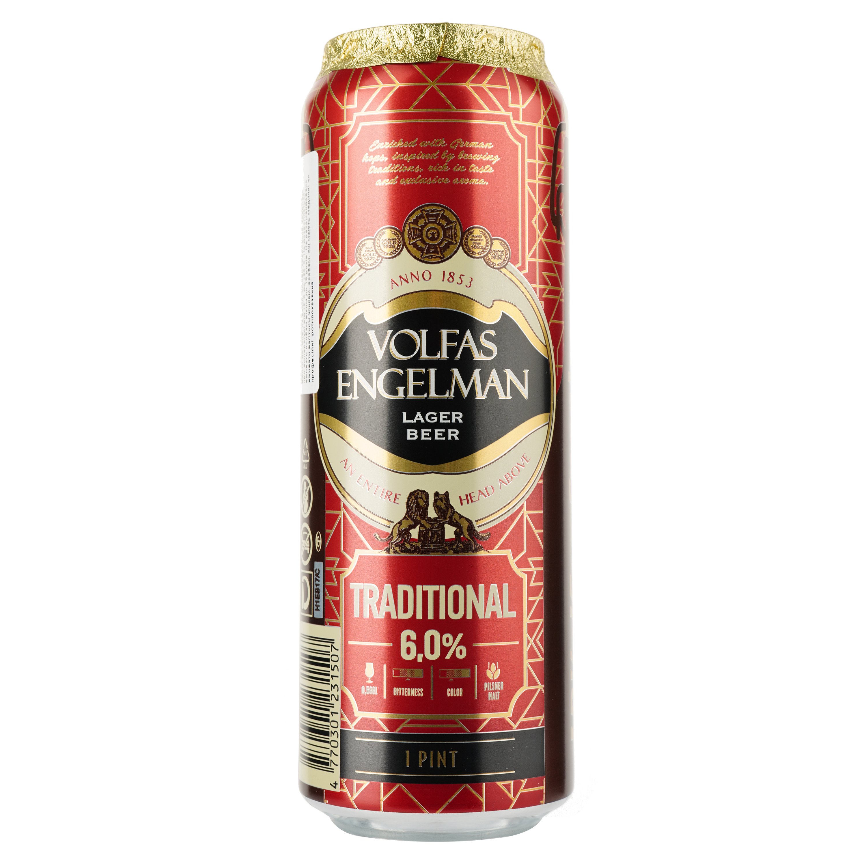 Пиво Volfas Engelman Tradiciskas світле, 6%, з/б, 0.568 л - фото 1