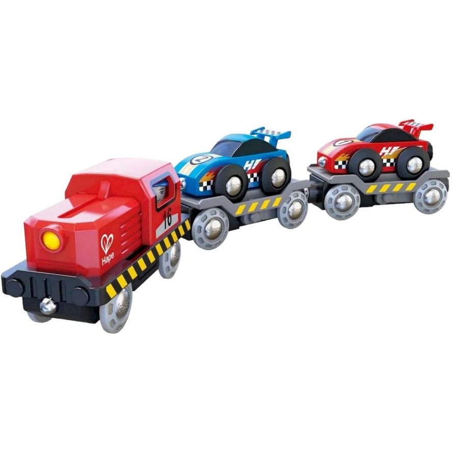 Набор для игрушечных железных дорог Hape Поезд-транспортер для гоночных автомобилей (E3735) - фото 1