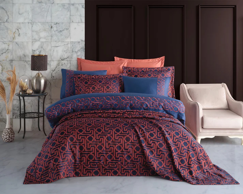 Комплект постельного белья Dantela Vita Luna brick с вышивкой и жаккардовым покрывалом евро кирпичный (svt-2000022328340) - фото 1