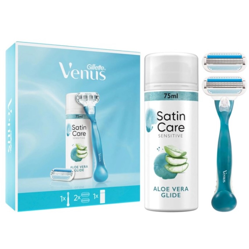 Подарочный набор для женщин Gillette Venus: бритва Smooth + сменные картриджи, 2 шт. + гель для бритья Satin Care, 75 мл - фото 1