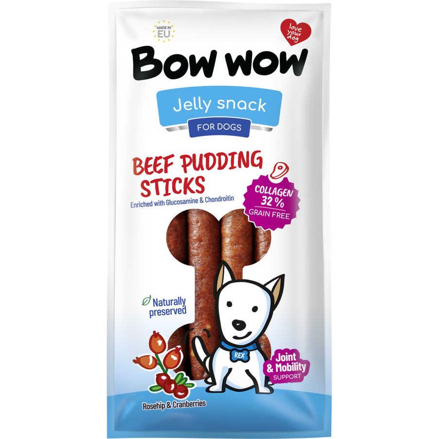 Ласощі для собак Bow wow пудингові палички з яловичини, колагену, шипшини та журавлини 6 шт. - фото 1