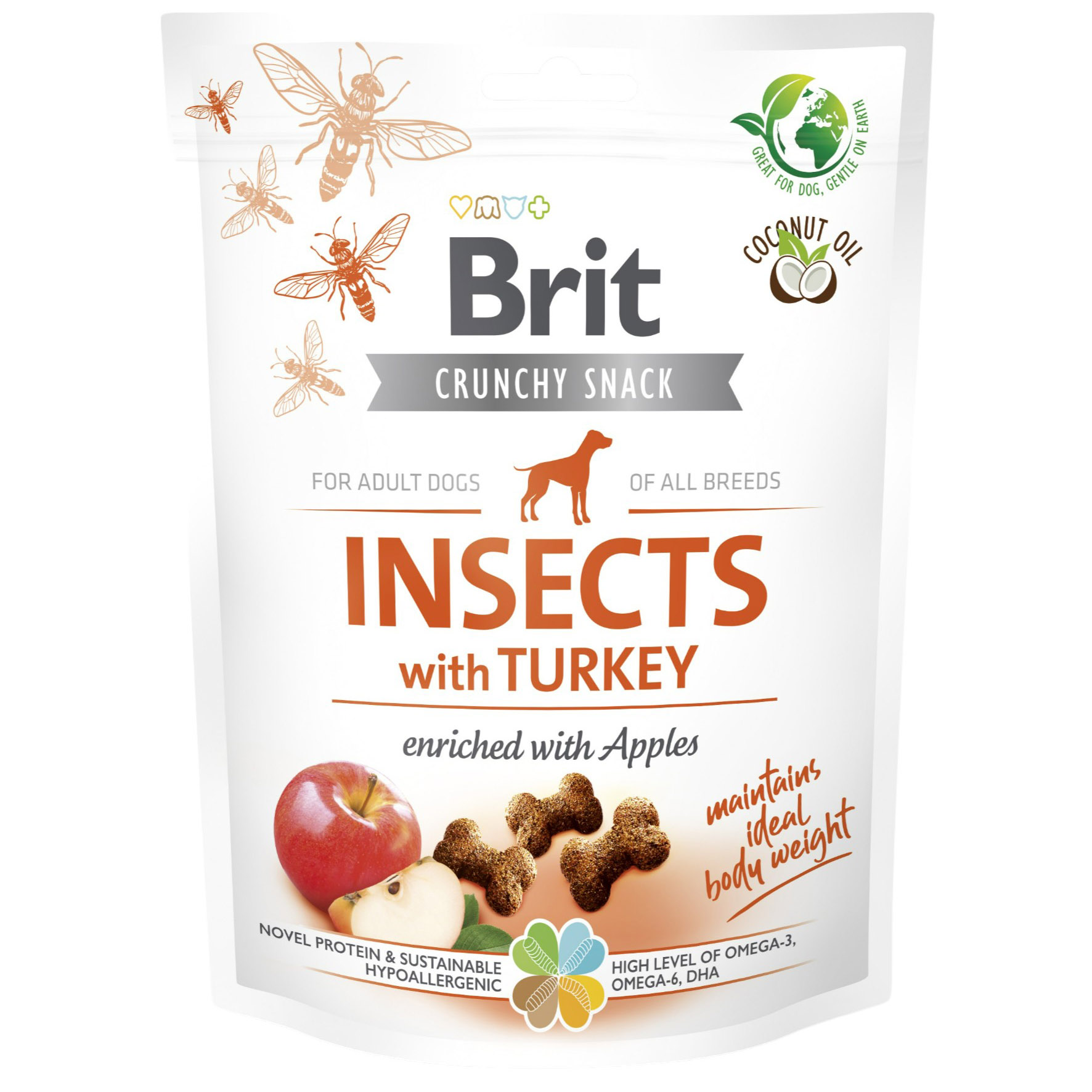 Лакомство для собак Brit Care Dog Crunchy Snack Insects with Turkey для поддержания веса, насекомые, индейка и яблоко 200 г - фото 1