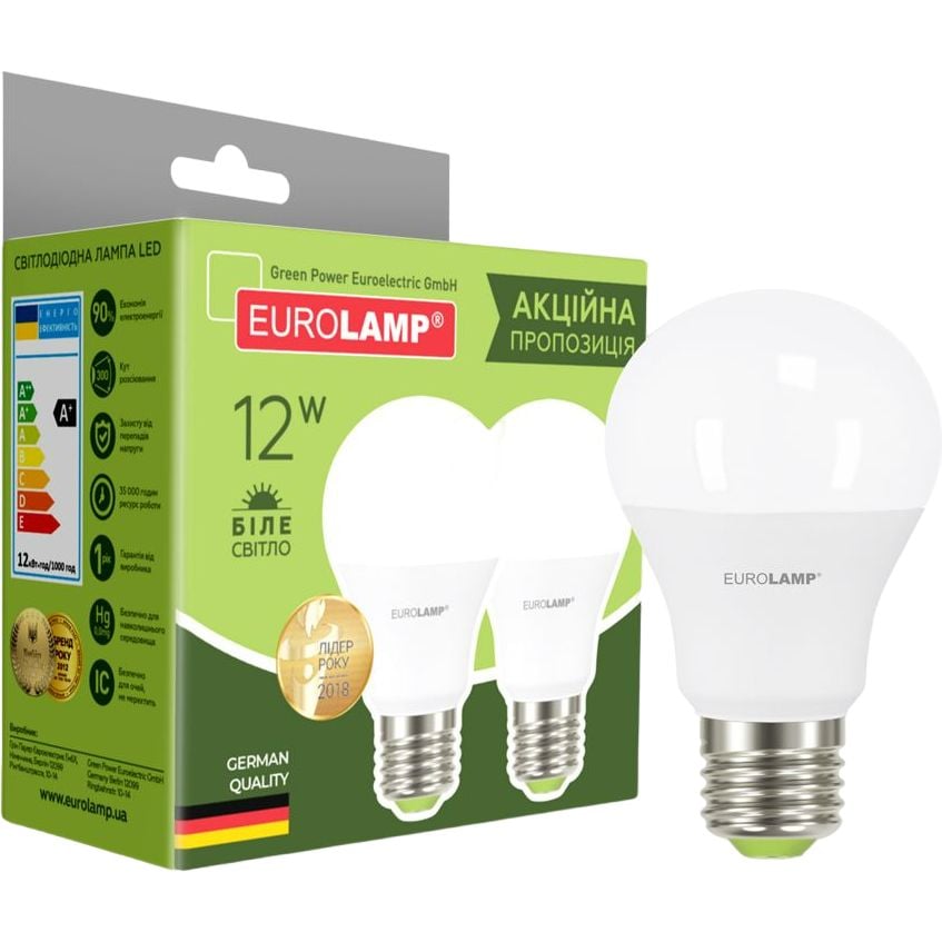 Светодиодная лампа Eurolamp LED, A60, 12W, E27, 3000K, 2 шт. (MLP-LED-A60-12272(E)) - фото 1