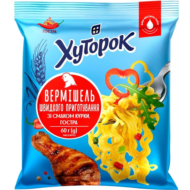 Вермишель быстрого приготовления Хуторок со вкусом курицы острая 60 г - фото 1