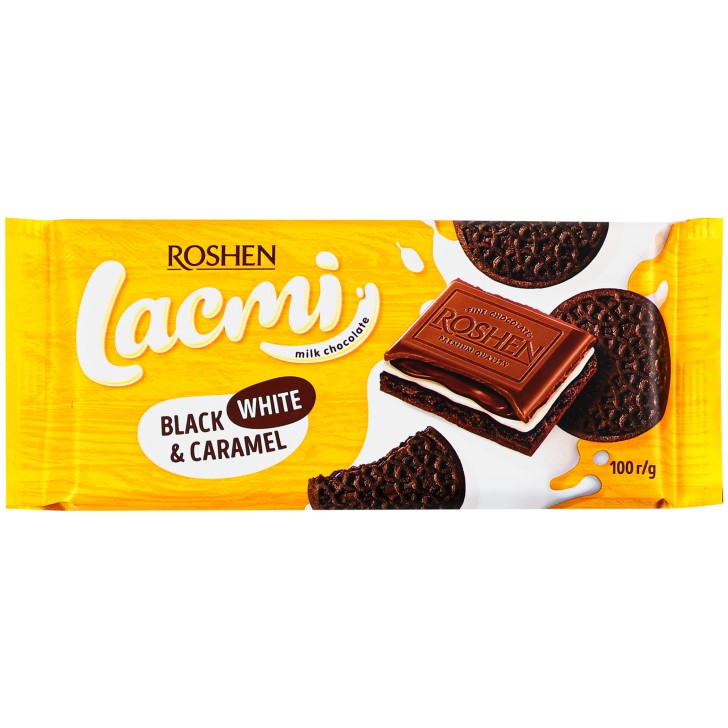 Шоколад молочний Roshen Lacmi Black White & Caramel, з печивом, 100 г (872109) - фото 1