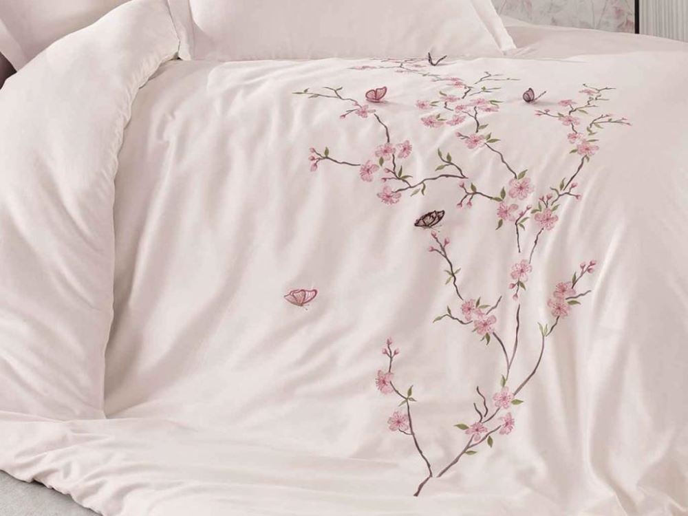 Комплект постельного белья Dantela Vita Butterfly pudra сатин с вышивкой евро пудровый (svt-2000022303057) - фото 2