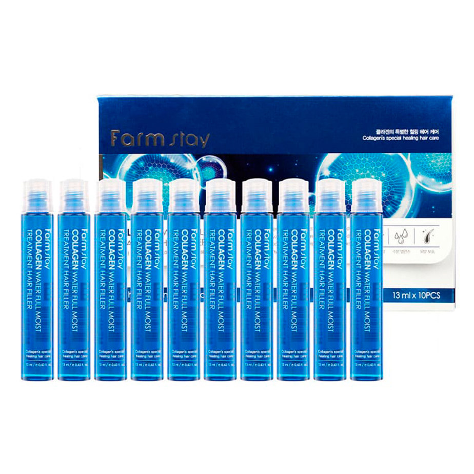 Набір зволожувальних філерів для волосся FarmStay Collagen Water Full Moist Treatment Hair Filler, 10 шт. х 13 мл - фото 1
