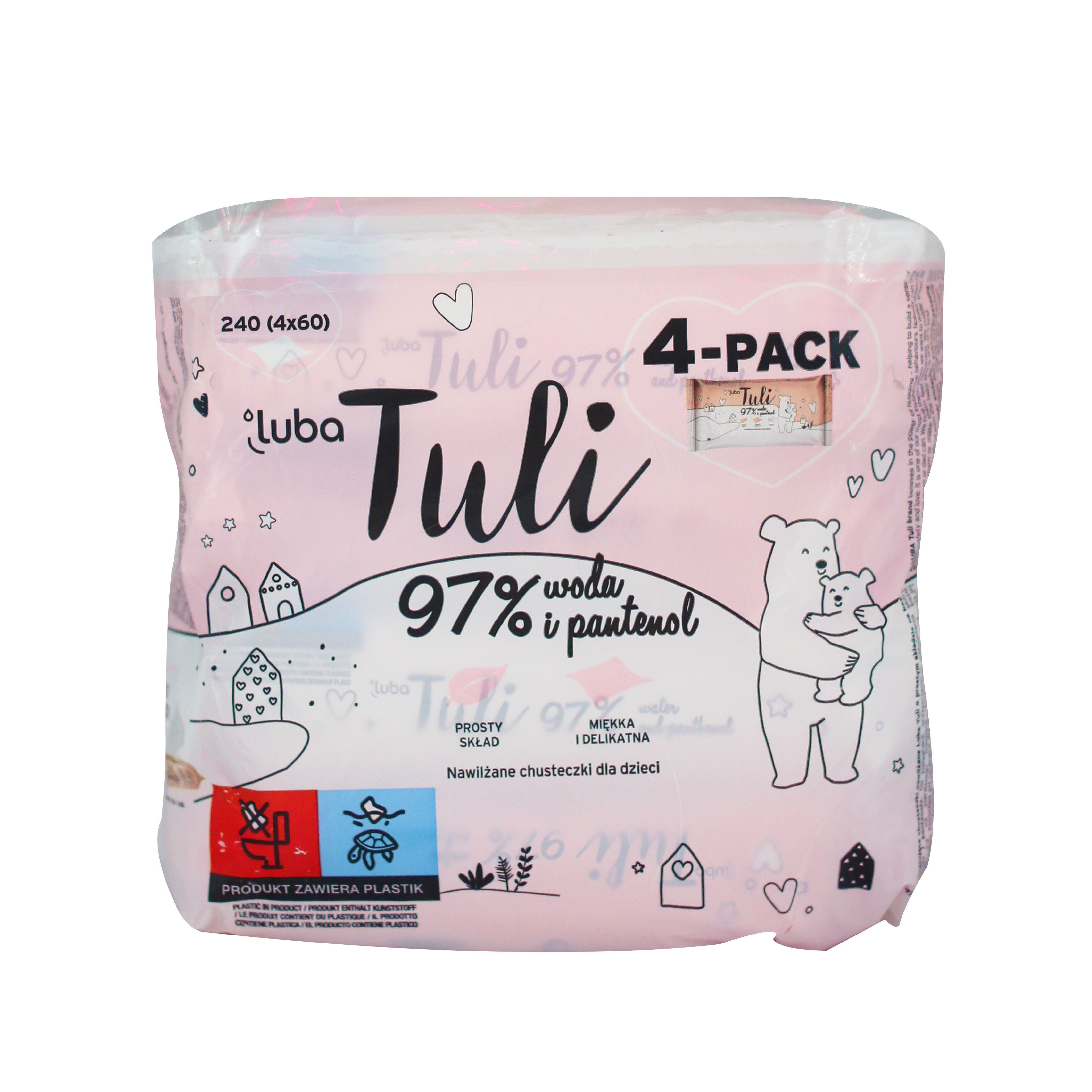 Дитячі вологі серветки Luba Tuli, 97% води и пантенол, 240 шт. (4 упаковки по 60 шт.) - фото 1