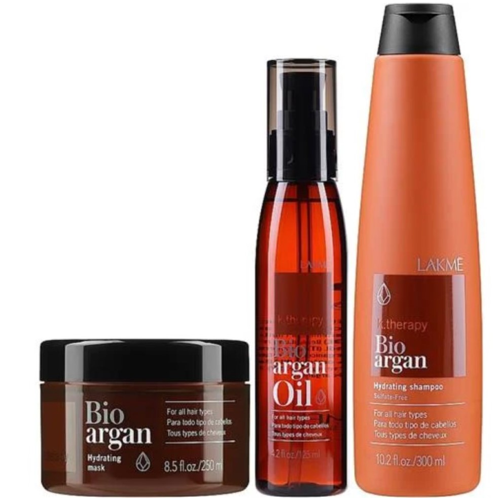 Набір по догляду за волоссям Lakme K.Therapy Bio Argan Consumer Pac: Bio Argan Shampoo, 300 мл + Bio Argan Oil Mask, 250 мл + Bio Argan Oil, 125 мл - фото 1