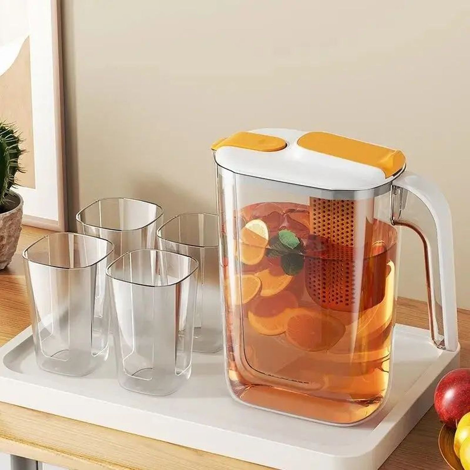 Набір для напоїв Supretto пластиковий глечик із фільтром і 4 склянки прозорий із помаранчевим (83890001) - фото 7