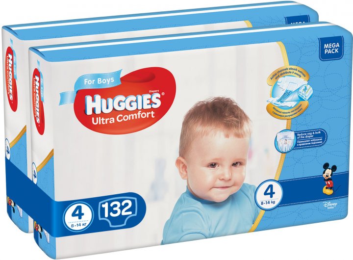 Набір підгузків для хлопчиків Huggies Ultra Comfort 4 (8-14 кг), 132 шт. (2 уп. по 66 шт.) - фото 2
