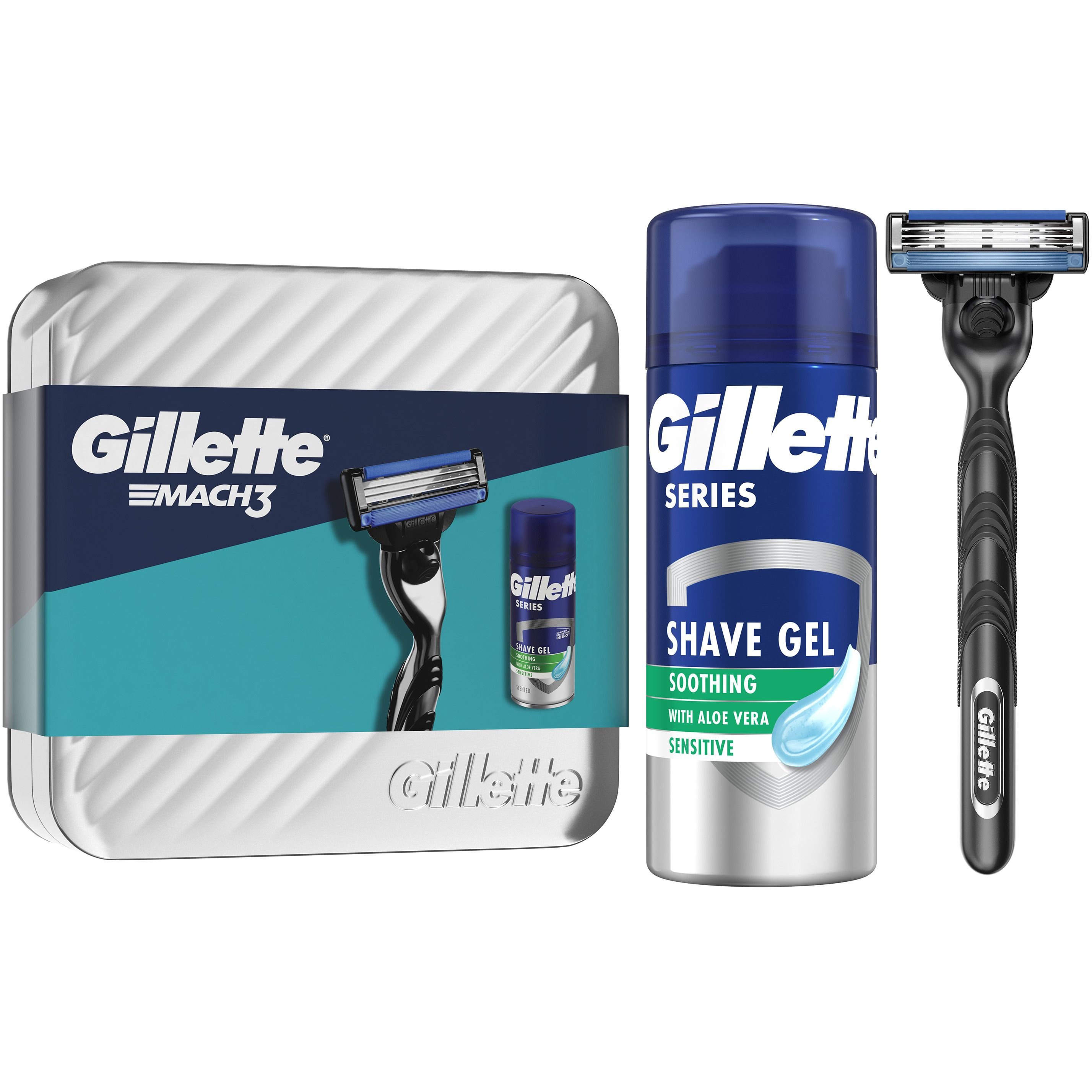 Подарунковий набір для чоловіків Gillette: бритва Mach3 зі змінним катриджем + гель для гоління Series Sensitive 75 мл - фото 1