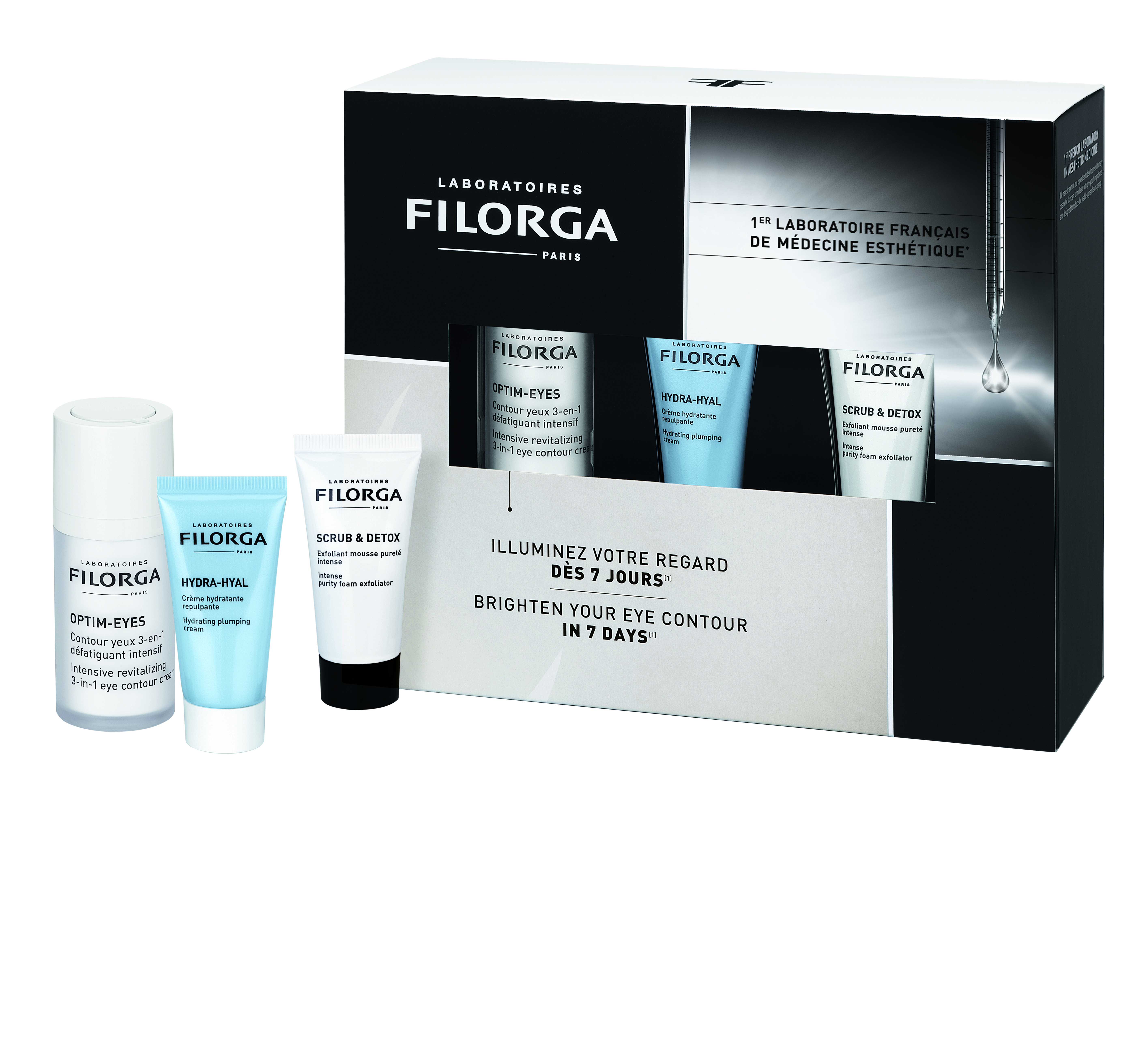 Набір Filorga: Крем для контуру очей Filorga Optim-Eyes Eye Contour, 15 мл + крем Filorga Hydra-Hyal, 15 мл + Скраб для обличчя Filorga Scrub&Detox, 15 мл - фото 1