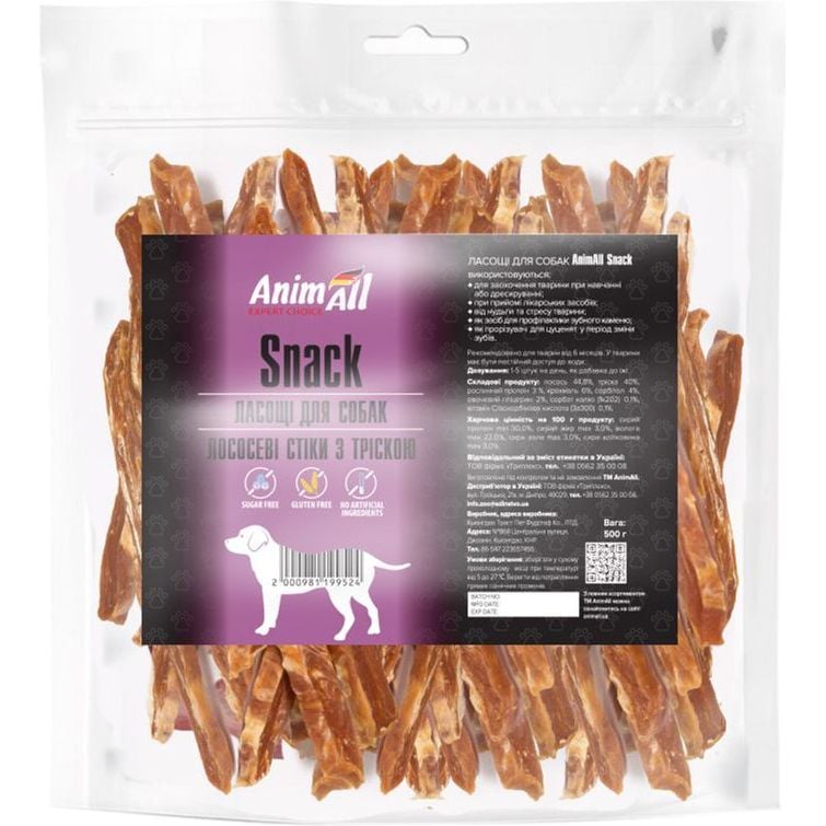 Лакомство для собак AnimAll Snack лососевые стики с треской, 500 г - фото 1