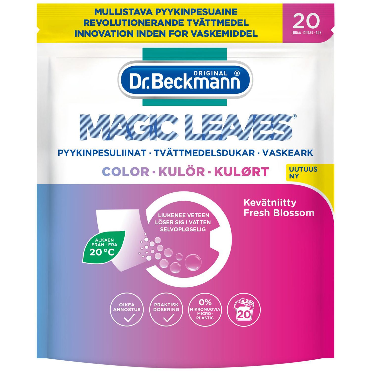 Салфетки для стирки Dr. Beckmann Magic Leaves цветные вещи 20 шт. (4008455583112) - фото 1